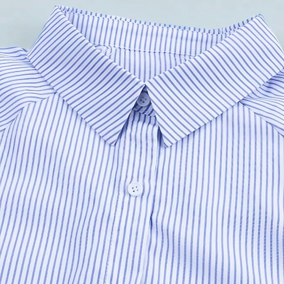 Blue & White Oversized Pinstriped Smocked Button-Up Shirt (XL / 1X) SO PRETTY! - Picture 4 of 14